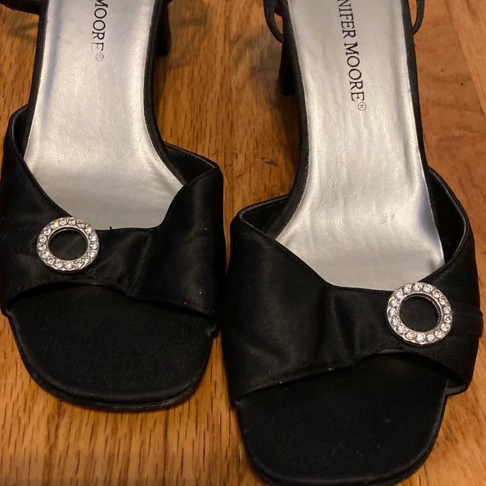 Jen Moore Black Satin Sandals w Rhinestones 6.5